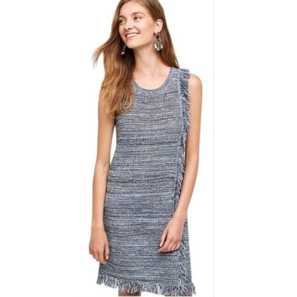 Holding Horses By Anthropology Sleeveless Knit Blue Fringe Sweater Dress s…